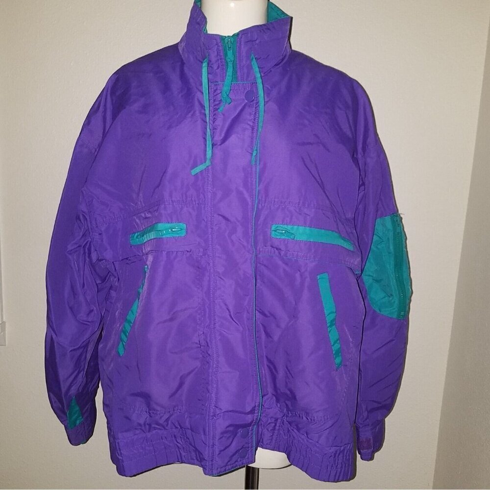 VTG Cabin Creek Jacket Coat Shell Nylon Purple Teal Full Zip Size Large 90s y2k